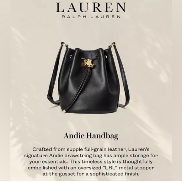 Lauren Ralph Lauren Black Smooth Leather Medium Andie Drawstring Bag, New w/Tag - Picture 7 of 15